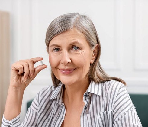 Smiling, mature woman holding a pill